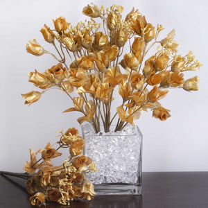 180 Artificial Silk Mini Rose Buds With Baby Breath Wedding Bouquet Vase Centerpiece Decor - Gold