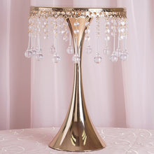 Load image into Gallery viewer, 17&quot; Tall Gold Metallic Trumpet Cake Riser Centerpiece with hanging Acrylic Crystal Chains
