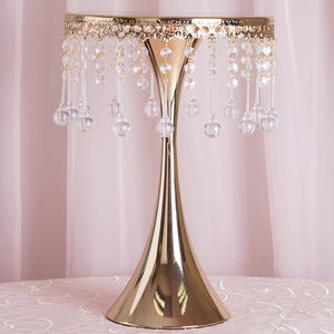 17" Tall Gold Metallic Trumpet Cake Riser Centerpiece with hanging Acrylic Crystal Chains