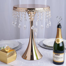 Load image into Gallery viewer, 17&quot; Tall Gold Metallic Trumpet Cake Riser Centerpiece with hanging Acrylic Crystal Chains
