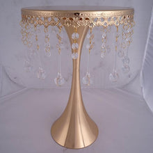 Load image into Gallery viewer, 17&quot; Tall Gold Metallic Trumpet Cake Riser Centerpiece with hanging Acrylic Crystal Chains
