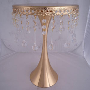 17" Tall Gold Metallic Trumpet Cake Riser Centerpiece with hanging Acrylic Crystal Chains