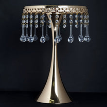 Load image into Gallery viewer, 17&quot; Tall Gold Metallic Trumpet Cake Riser Centerpiece with hanging Acrylic Crystal Chains
