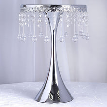 Load image into Gallery viewer, 17&quot; Tall Silver Metallic Trumpet Cake Riser Centerpiece with hanging Acrylic Crystal Chains
