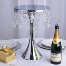 Load image into Gallery viewer, 17&quot; Tall Silver Metallic Trumpet Cake Riser Centerpiece with hanging Acrylic Crystal Chains
