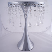 Load image into Gallery viewer, 17&quot; Tall Silver Metallic Trumpet Cake Riser Centerpiece with hanging Acrylic Crystal Chains
