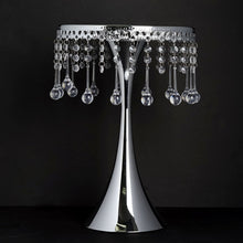 Load image into Gallery viewer, 17&quot; Tall Silver Metallic Trumpet Cake Riser Centerpiece with hanging Acrylic Crystal Chains
